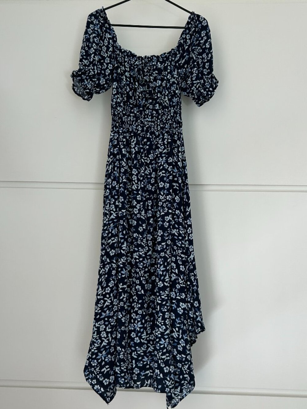Apricot Floral Midi Dress Blue White Smocked Puff Sleeve Cottagecore Size S UK10